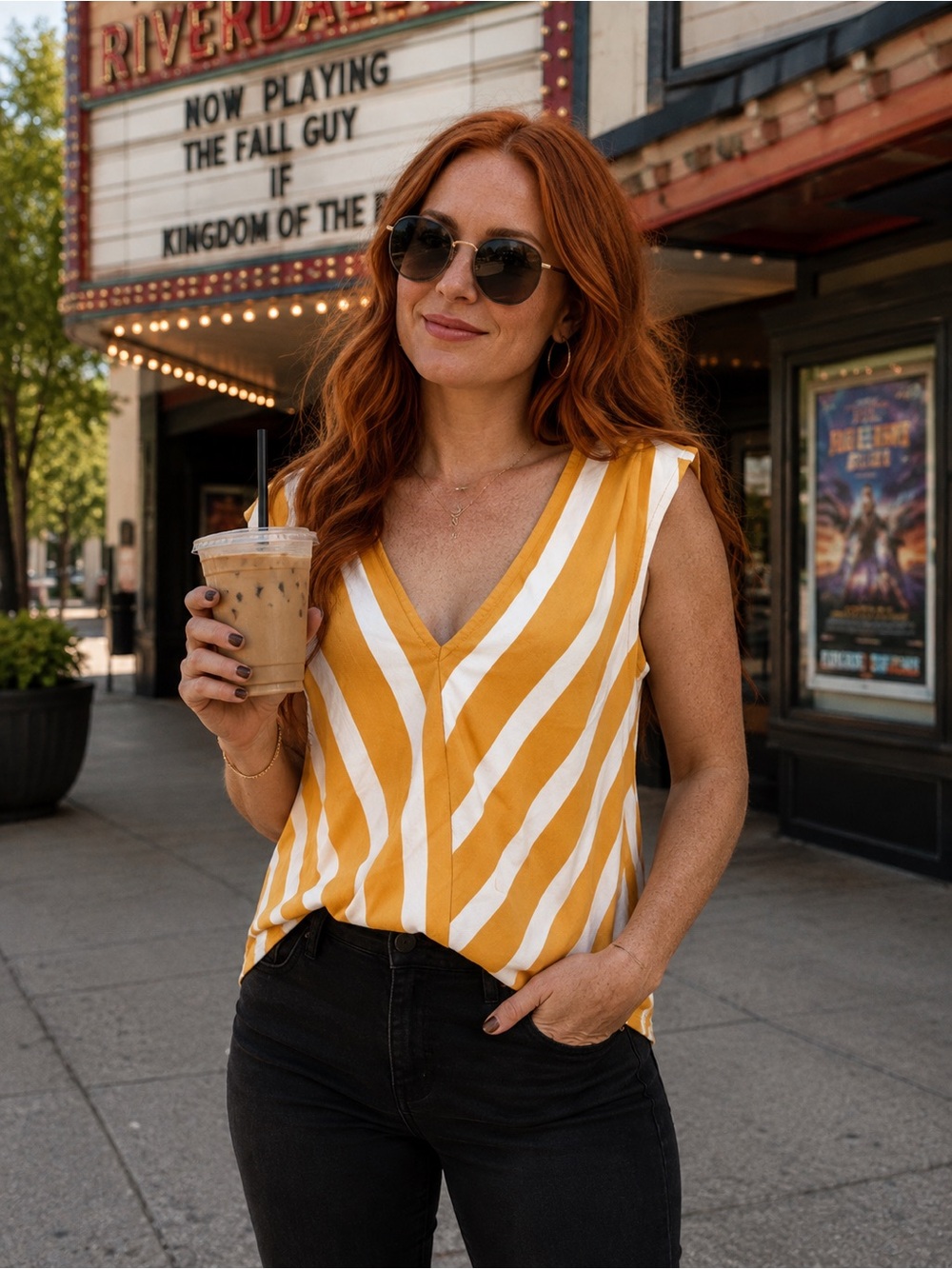 Mauve Diagonal Stripe V-Neck Sleeveless Top in Mustard and White